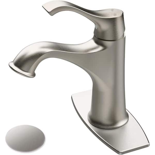 AKLFGN 1-Handle Low-Arc 1-Hole Bathroom Faucet with Deckplate Included and Drain Kit Included in Brushed Nickel