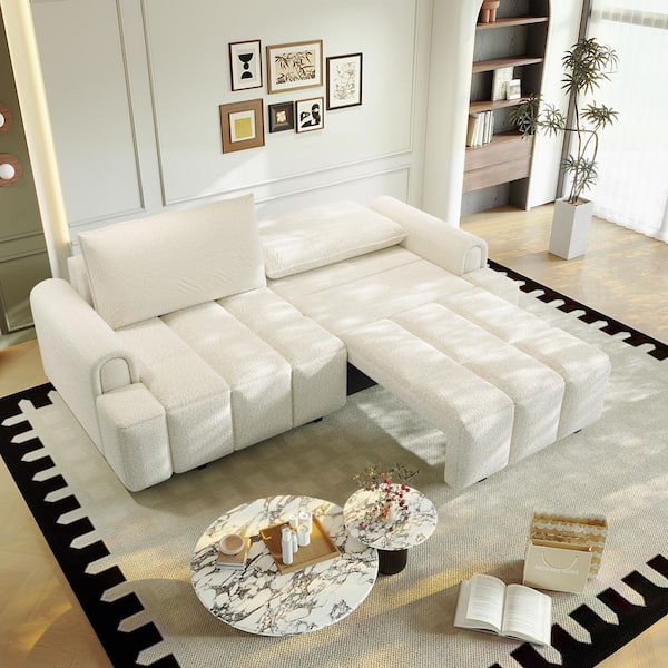 90.2 in W Rolled Arm Teddy Fabric Rectangle Sofa in Beige with Hidden Storage, Convertible King Sleeper Sofa Bed