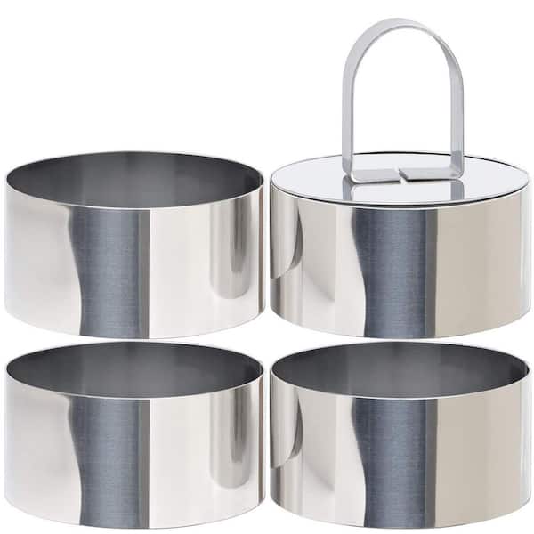 Round Stainless Steel 3 Inch Cake Ring Mold Set with Pusher and 4 Food Forms for Pancakes, Mousse, and Salads