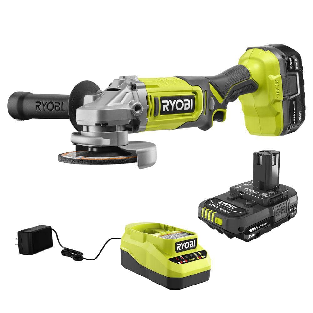 RYOBI ONE 18V Cordless 4 1 2 in. Angle Grinder Kit with 4.0 Ah Battery and Charger with 2.0 Ah Battery PCL445K1 PBP006 The Home Depot