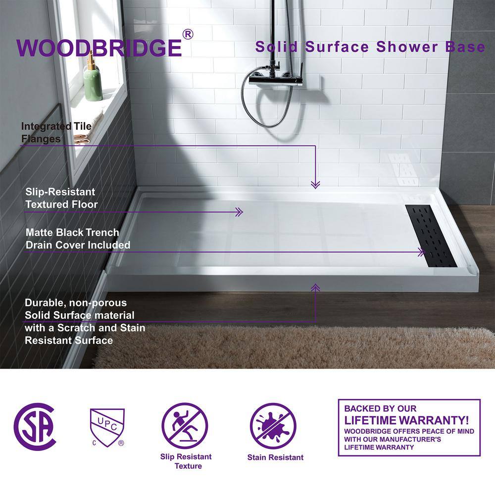 48" White Rectangular Shower Pan with Matte Black Drain Cover
