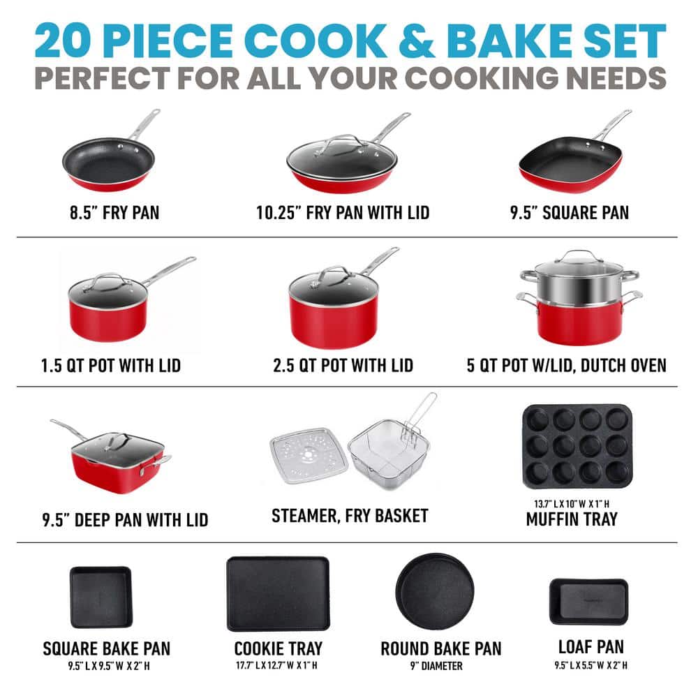 Granitestone 20-Piece Red Nonstick Aluminum Cookware and Bakeware Set
