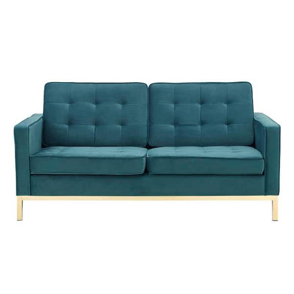 MODWAY Loft 63 in. Gold Teal Velvet 2-Seater Loveseat with Square Arms