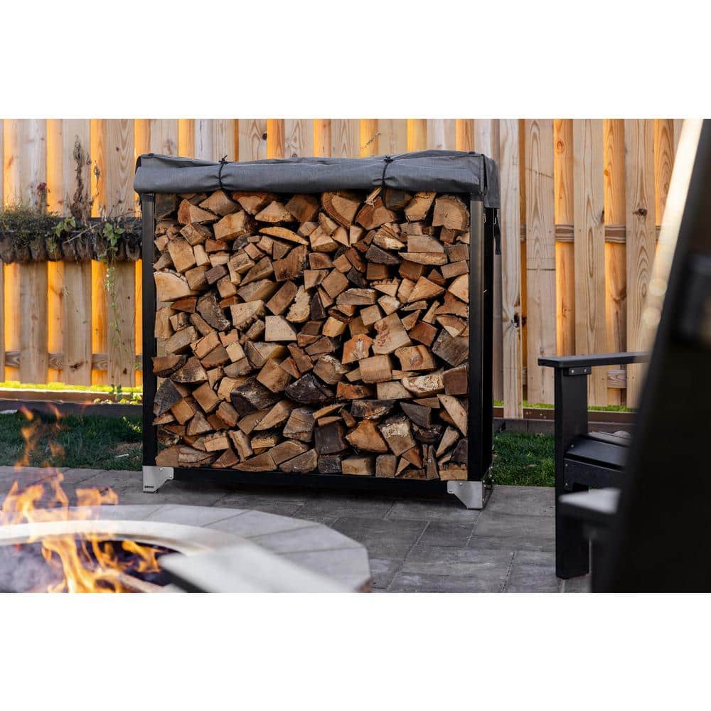 Expandable Black Powder Coated Steel Firewood Rack with Cover