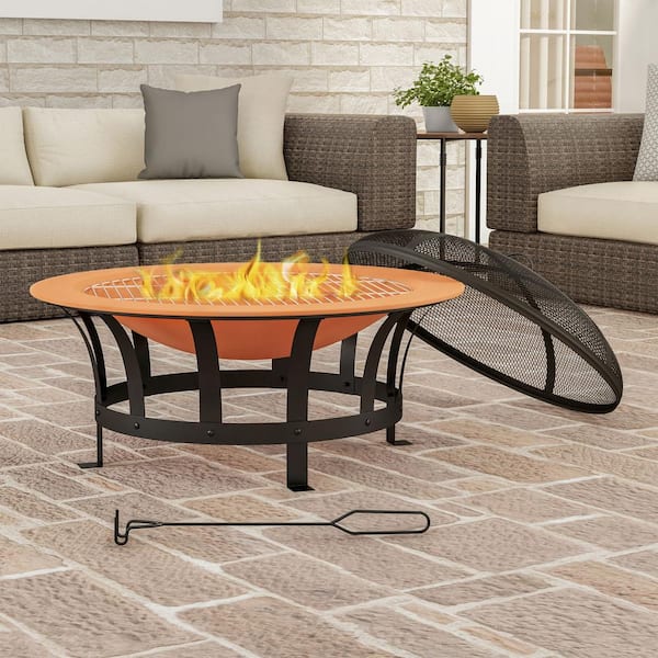 Pure Garden 30 in. W x 20 in. H Round Steel Wood Burning Outdoor Deep Fire Pit in Copper/Black with Grilling Grate