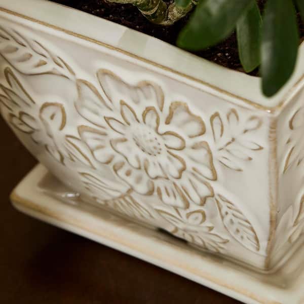 Vigoro 12 in. Lorelai Medium White Floral Ceramic Window Box