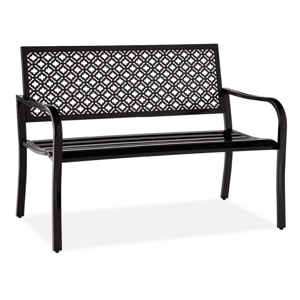 50 in. 2-Person Black Metal Outdoor Bench with Geometric Backrest and ...