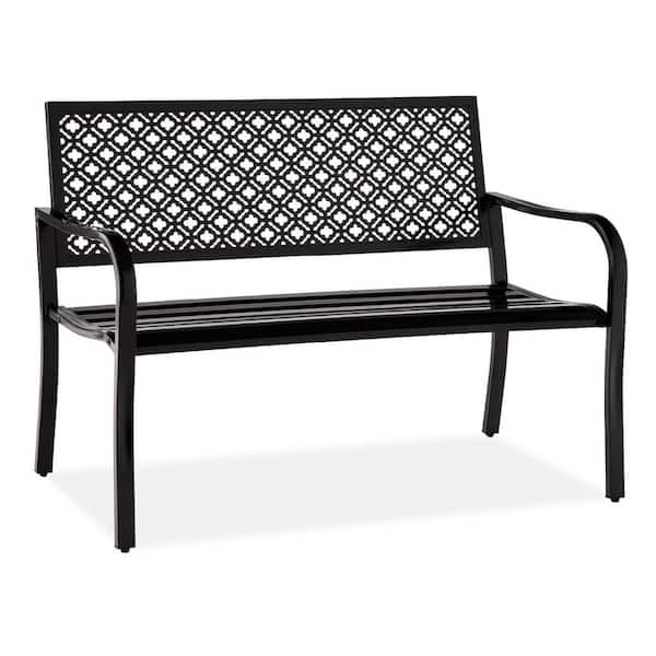 Unbranded 50 in. 2-Person Black Metal Outdoor Bench with Geometric Backrest and Foot Levelers