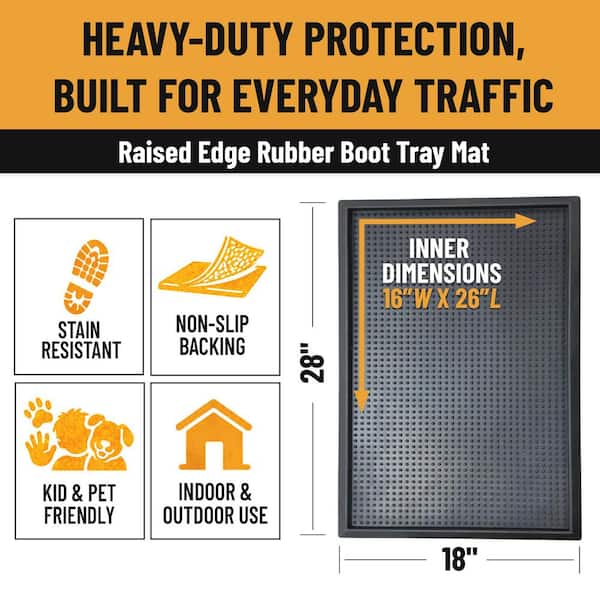 Heavy-Duty Black 18 in. x 28 in. Waterproof Rubber Boot Tray with Raised Edges, Non-Slip Indoor/Outdoor Utility Mat