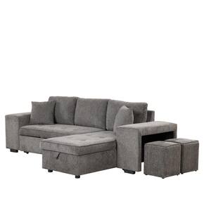 104.5 in. Width Knox Charcoal Gray Linen Full Size Convertible Sofa Bed with Storage Chaise and 2- Stools