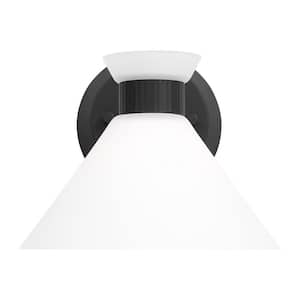 Belcarra 7.5 in. W x 6.625 in. H 1-Light Midnight Black Bathroom Wall Sconce with Etched White Glass Shade