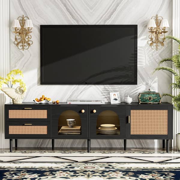 70.8 in. Black TV Stand Fits TVs up to 80 in. LED Light Entertainment Center with 2 Drawer and 3 Cabinets