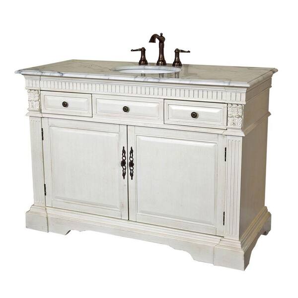 Bellaterra Home Seaham AW 50 in. Single Vanity in Antique White with Marble Vanity Top in White