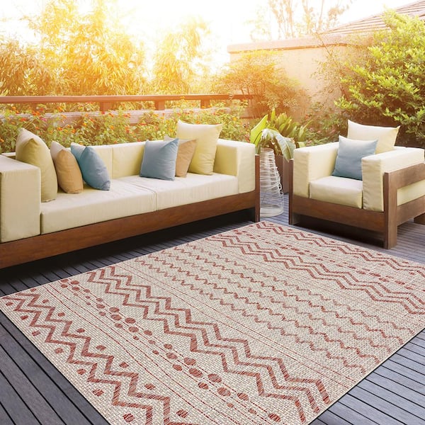 Silveria Patio Beige/Red 7 ft. 9 in. x 9 ft. 9 in. Geometric Chevron Polypropylene Indoor/Outdoor Area Rug