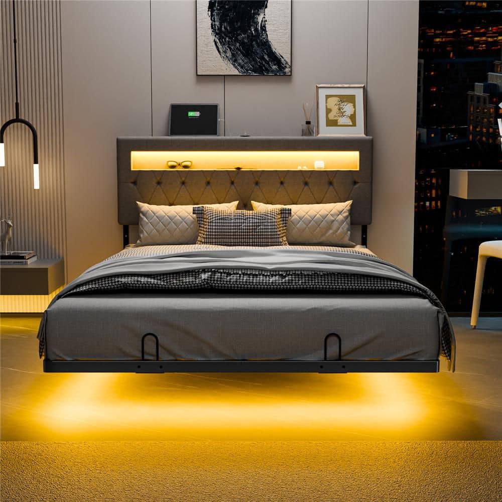 Gray Full Size Floating Bed Frame with Upholstered Headboard/Charging Station,RGB LED Lights - thumbnail 5