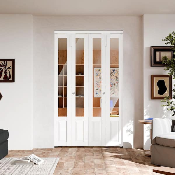 TENONER 48 in. x 80 in. Half Lite Mirrored Glass Solid Core White PVC Covering MDF Bi-fold Door with Locks and Handles