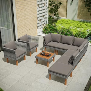 9-Piece Wicker Outdoor Sectional Set Sofa Set with Gray Cushions