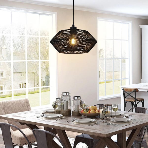 60-Watt 1-Light Black Dimmable Paper Rattan Lampshade Pendant Light, No Bulbs Included