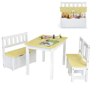 4PCS Rectangle Kids Wood Top Natural Activity Table and Chairs Set with Storage Bench Study Desk