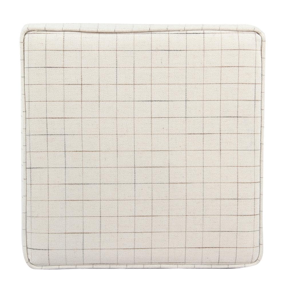 Grid-Patterned Beige and Brown Wooden Square Ottoman with Hidden Storage