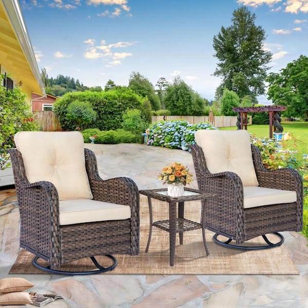 kuurfuurdo Brown 3-Piece Wicker Patio Conversation Set with All-Weather Swivel Rocking Chairs Beige Cushions