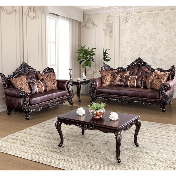 Grady 2-Piece Dark Cherry and Light Brown Fabric Living Room Set with Reversible Seat Cushions