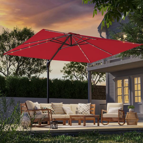 10 x 8 ft. Metal LED Rectangle Cantilever Patio Umbrella Solution-Dyed Fabric and 360° Rotation System in Red