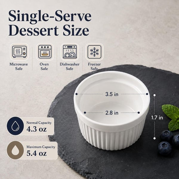 4 oz. Porcelain Ramekins and Custard Cups for Creme Brulee, Souffle, Baking, and Dipping Sauce Dish, White (6-Pack)