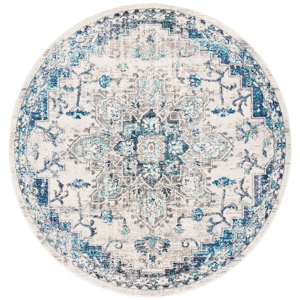 7' Round Gray and White Floral Medallion Area Rug