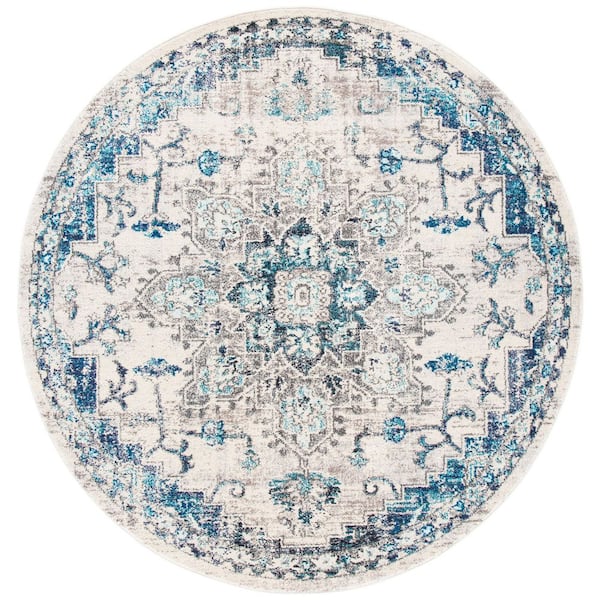 SAFAVIEH Madison Ivory/Grey 8 ft. x 8 ft. Border Geometric Floral Medallion Round Area Rug