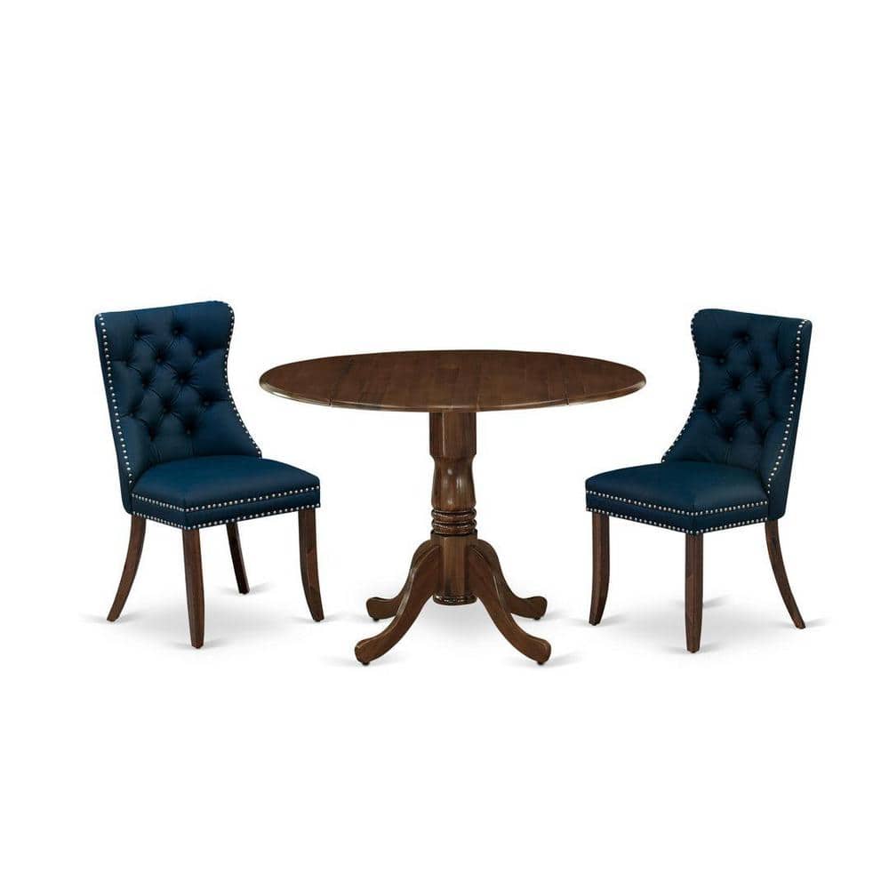 Antique Walnut Round Rubberwood Dining Table with Dropleaf and 2 Navy Blue Faux Leather Chairs