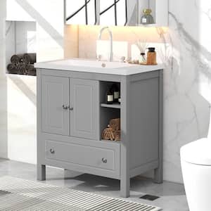 30 in. W x 18.03 in. D x 32.13 in. H Freestanding Bath Vanity in Grey with White Ceramic Sink Top