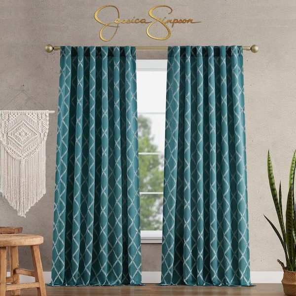Jessica Simpson Lynee Textured 52 in. W x 96 in. L Polyester Blackout Back-Tab Tiebacks Curtain in Teal (2-Panels)