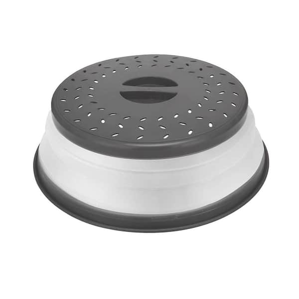 Grey BPA-Free Plastic and Silicone Collapsible Microwave Splatter Cover with Easy Grip Handle and Fruit Drainer