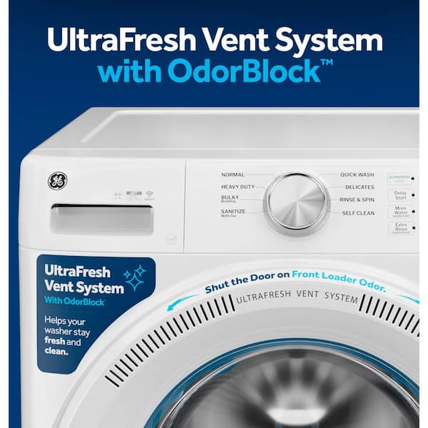 GE - 4.8 cu. ft. Smart White Front Load Washer with OdorBlock UltraFresh Vent System and Sanitize with Oxi