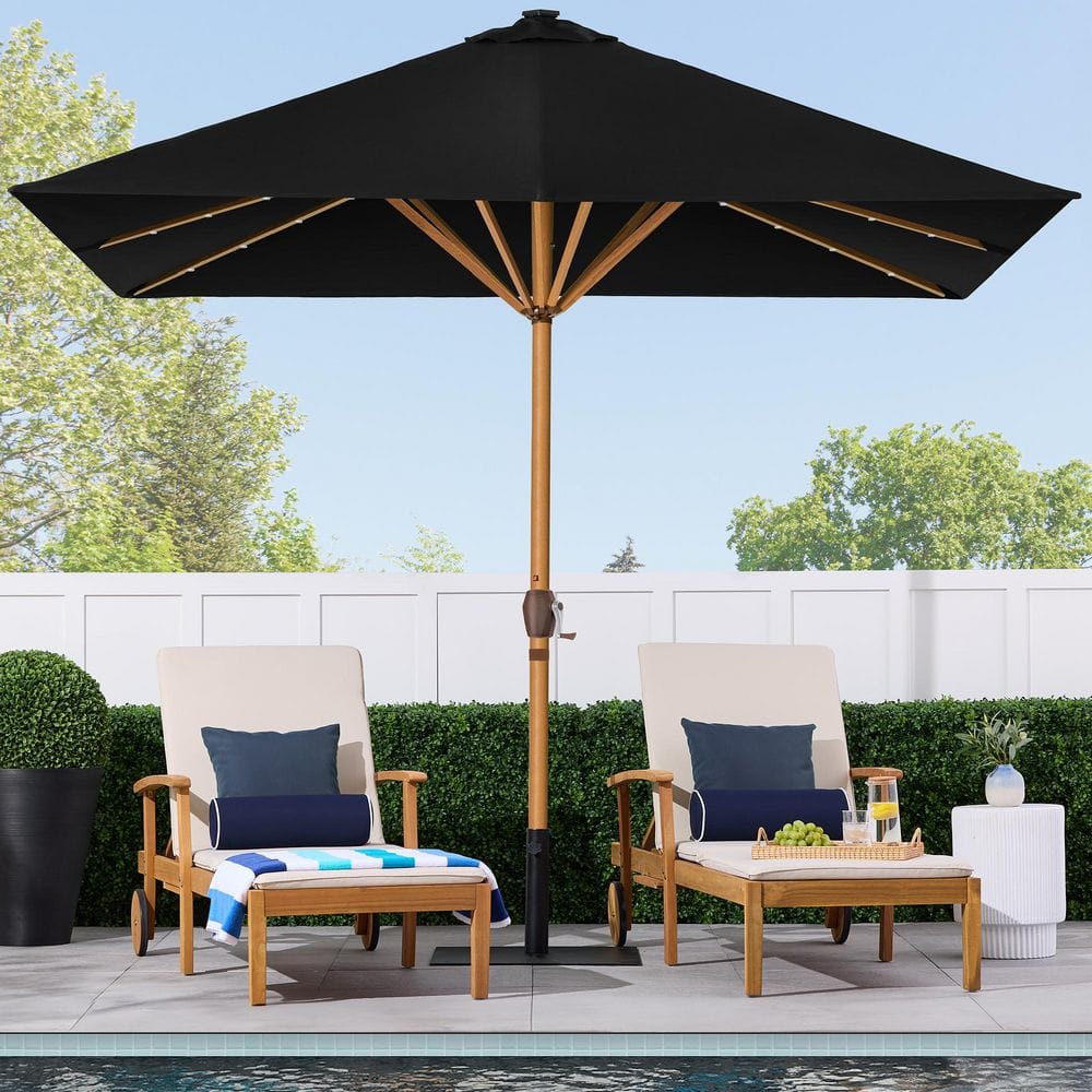 9ft Black Solar LED Lighted Market Patio Umbrella with Faux Wood Texture