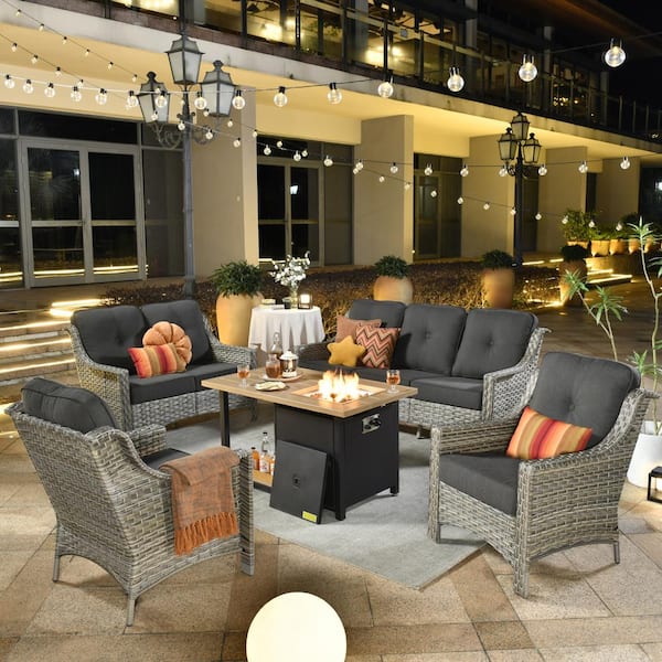 XIZZI Crius Gray 5-Piece Wicker Patio Rectangular Fire Pit Set with Black Cushions
