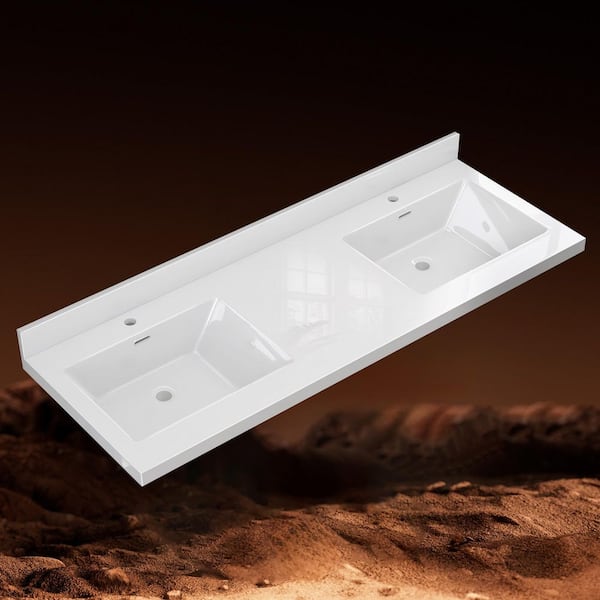 Rsp 60 in. W x 22 in. D Solid Surface Cultured Marble White Rectangular Bath Vanity Top with Double Sink and Backsplash
