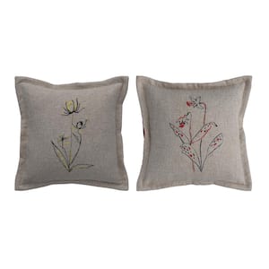 Gray Floral Embroidery Linen Cotton Blend 16 in. x 16 in. Throw Pillow (Set of 2)