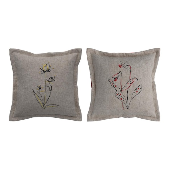 Storied Home Gray Floral Embroidery Linen Cotton Blend 16 in. x 16 in. Throw Pillow (Set of 2)