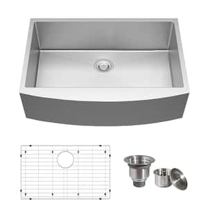 Main 30 in. Farmhouse/Apron-Front Single Bowl 16 Gauge Stainless Steel Kitchen Sink Dish Grid, Strainer, Drain Cover