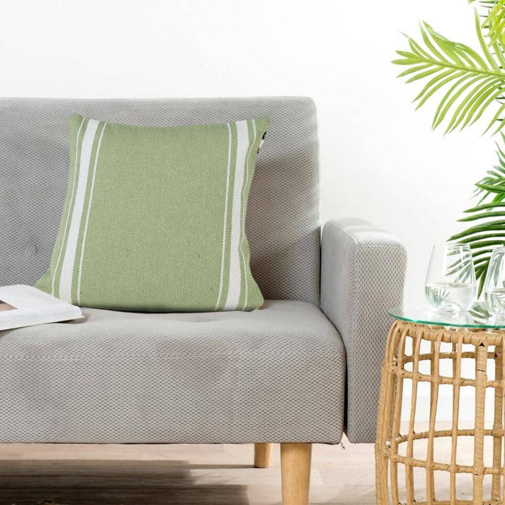 Balanced Green and White Cotton Striped 20" Square Throw Pillow