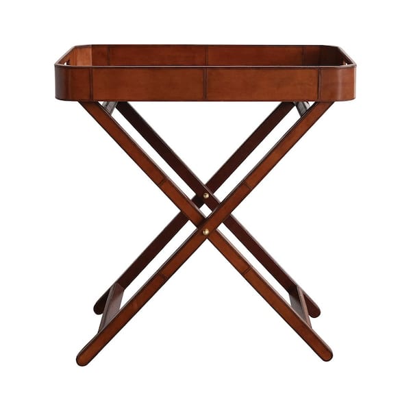 30 in. L Rectangle Cognac Wood and Leather Top Folding Table with Handles and Removable Tray