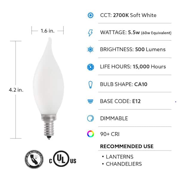 Feit Electric 60 Watt Equivalent Ca10 Candelabra Dimmable Filament Cec Frosted Glass Chandelier Led Light Bulb Soft White 2 Pack Bpcff60927cafil Rp The Home Depot Feit Electric 60 Watt Equivalent Ca10, 15 Watt Frosted Chandelier Bulbs