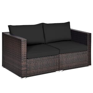 2-Piece Wicker Outdoor Rattan Corner Sectional Sofa Set Patio Furniture Set with 4 Black Cushions