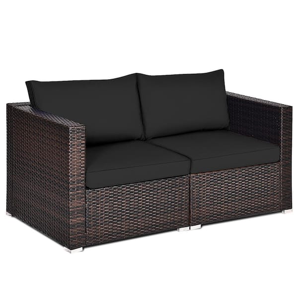 Gymax 2-Piece Wicker Outdoor Rattan Corner Sectional Sofa Set Patio Furniture Set with 4 Black Cushions