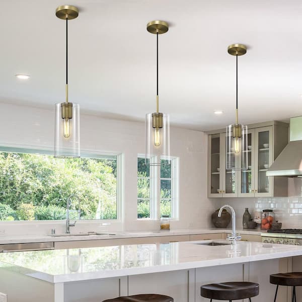1 Light Brass Glass Kitchen Island Pendant Light, Dimmable LED Pendant Light, for Living Room, Bedroom, Foyer(2-Pieces)