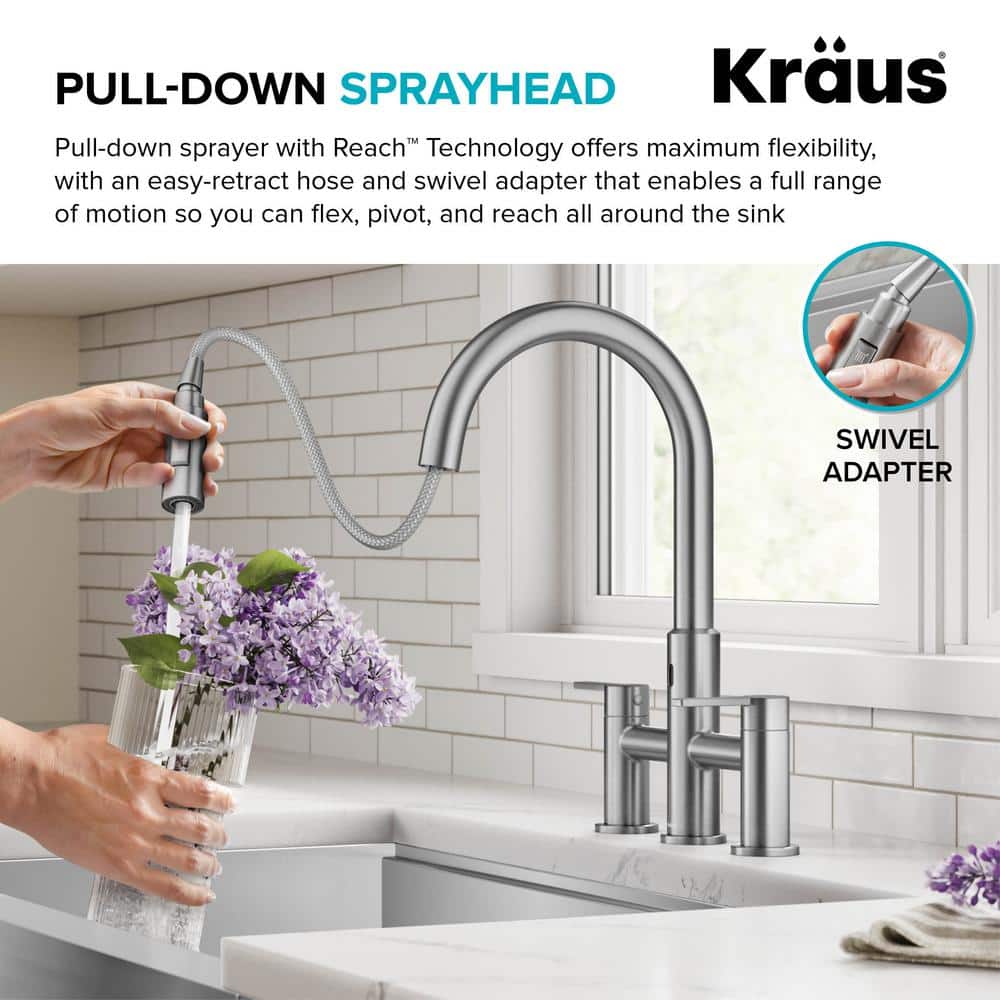 Stainless Steel Touchless Sensor Bridge Kitchen Faucet with Pull-Down Sprayhead