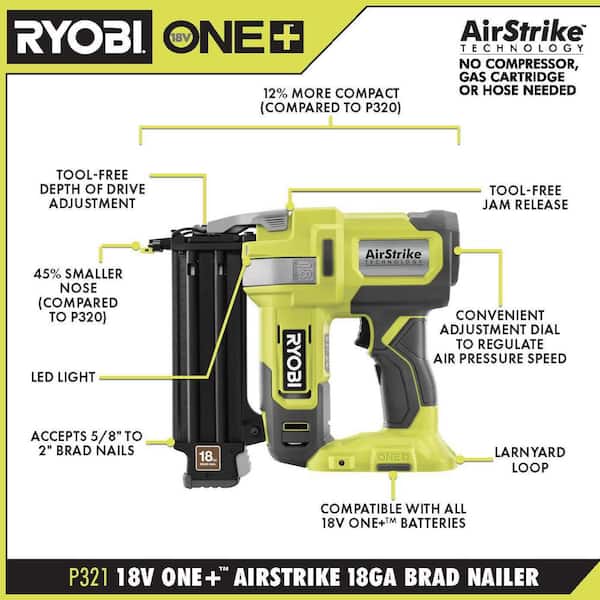 RYOBI P321-P326 ONE+ 18V Cordless 2-Tool Combo Kit with AirStrike 18-Gauge Brad Nailer and 16-Gauge Straight Finish Nailer (Tools Only) - 3