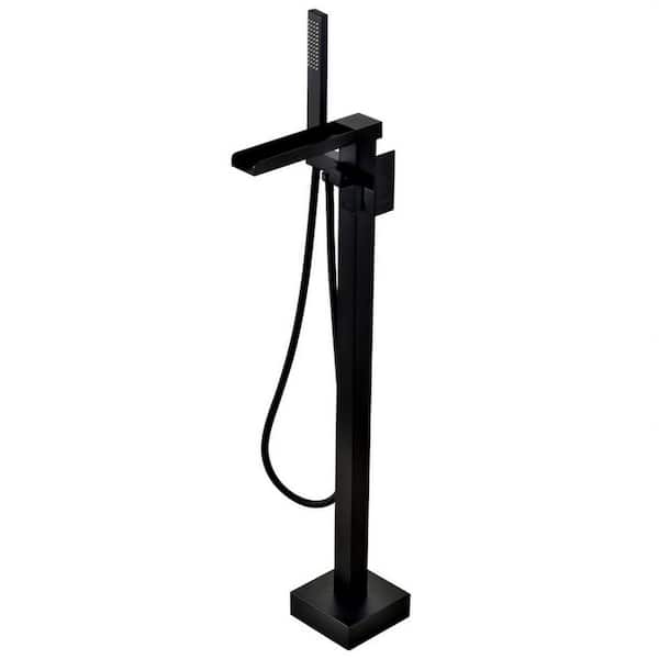 Pomelo Freestanding Floor Mount Single Handle Waterfall Tub Filler with Handheld Shower in Matte Black